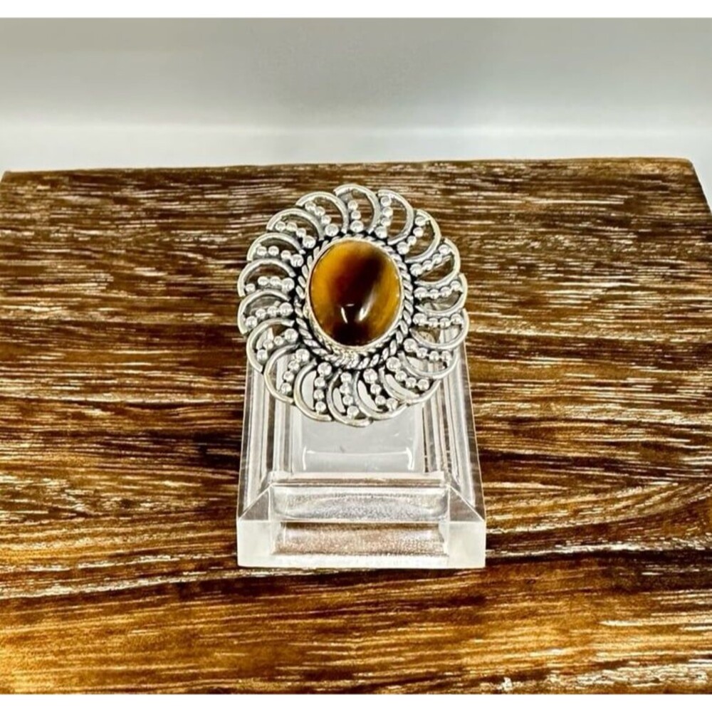 Sterling Silver Floral Swirl Cats Eye Ring Sz 6.75